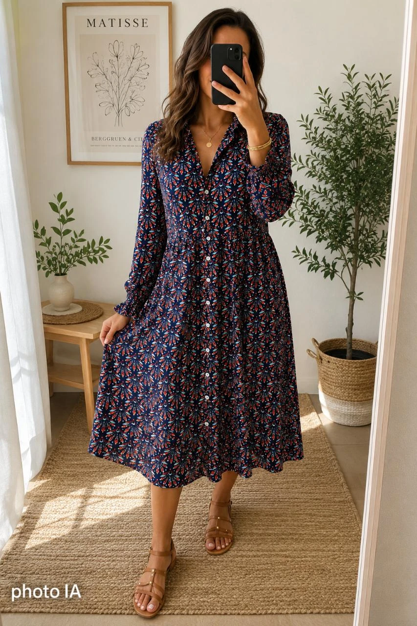 Robe marine fleurie boutonnée • Les Ateliers de la maille Taille 2 (40-42) Casua
